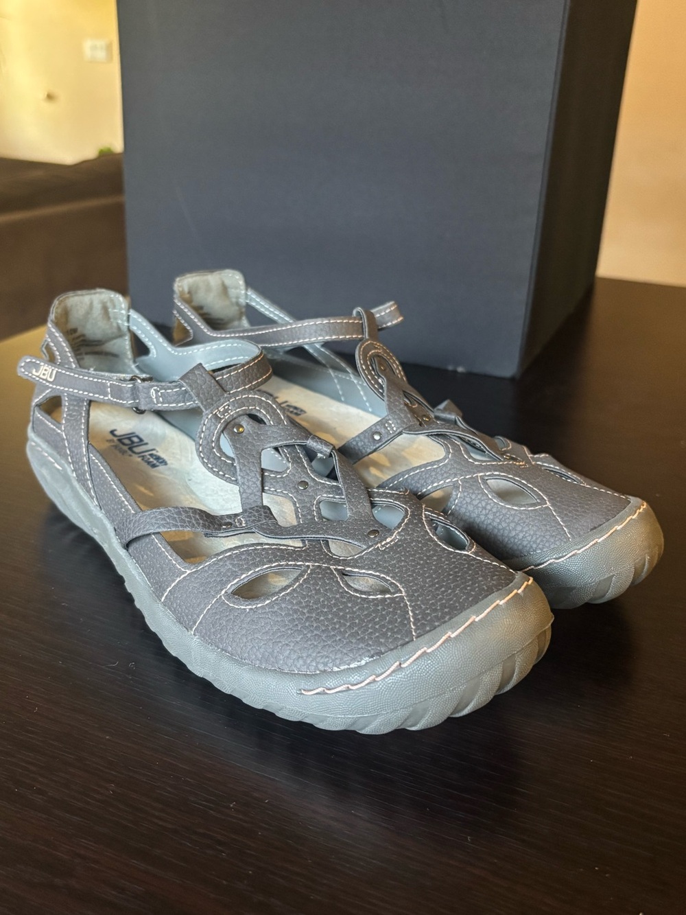 JBU Memory Foam by JAMBU Gray Black Leather Casual Sandal